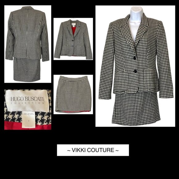Hugo Buscati Houndstooth Wool Skirt Suit Set Sz 8 Vintage 2 Pc Blazer & Mini Skt - Picture 1 of 9